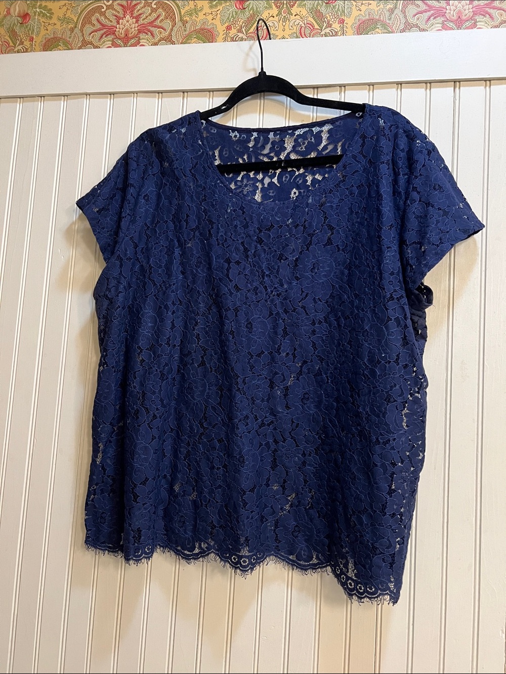 Navy Floral Lace Short Sleeve Blouse